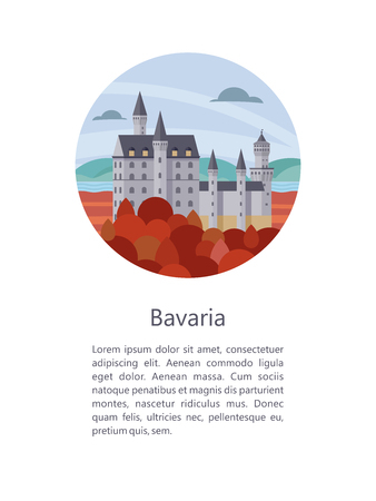Bavaria, Germany. Beautiful landscapes, traditional architecture of Bavaria. Castles, villages, mountains, fields. Postcards, logos, emblems with space for text.のイラスト素材
