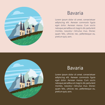 Bavaria, Germany. Beautiful landscapes, traditional architecture of Bavaria. Castles, villages, mountains, fields. Postcards, logos, emblems with space for text.のイラスト素材