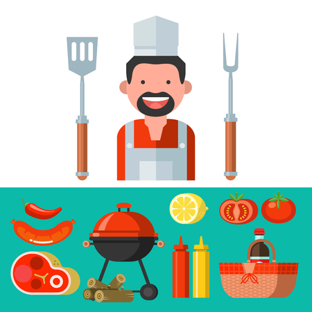 Barbecue set. Vector clip art. Cheerful cute chef, fresh meat, vegetables, ketchup, mustard, wood, barbecue and picnic basket.のイラスト素材