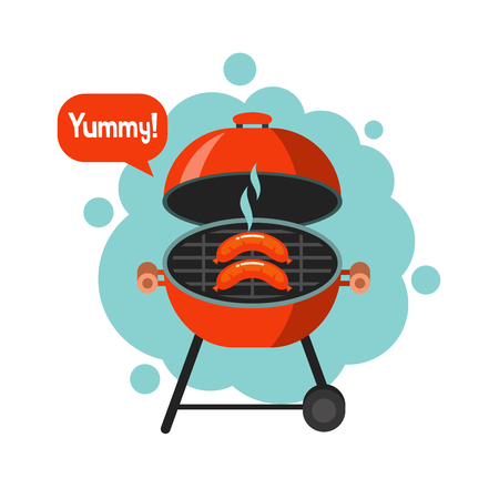 BBQ. Delicious delicious sausages fried on the grill.  Vector illustration. Yummy.のイラスト素材