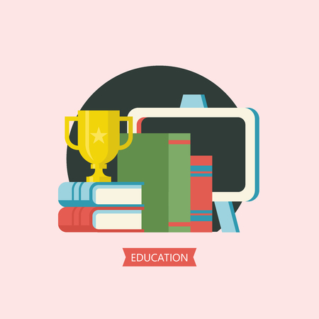 Education, school. Vector logo, emblem in flat style. Sports Cup on a stack of books. Several colorful textbooks and a blackboard.のイラスト素材
