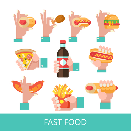 Fast food. Delicious food. Vector illustration in flat style. A set of popular fast food dishes. Hot dog, hamburger, tacos, sausage, pizza, fried chicken. Mustard and ketchup. Drink and milkshake.のイラスト素材