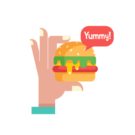 Hamburger. Delicious fast food. Cutlet with vegetables in a bun with sesame seeds. Hand holding a hamburger. Yummy. Vector illustration in flat style.のイラスト素材