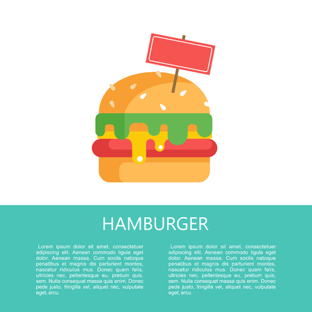 Hamburger. Delicious fast food. Cutlet with vegetables in a bun with sesame seeds. Yummy. Vector illustration in flat style. A sign for your inscription.のイラスト素材