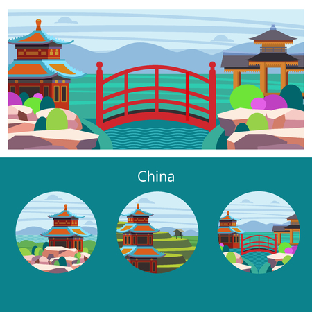 Magnificent, magical China. Vector illustration of emblem with place for text. Beautiful scenery, Chinese traditional houses. Chinese red bridge.のイラスト素材