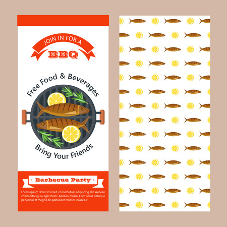 Barbecue party. Colorful invitation. Fish on the grill. Two delicious trout with lemon and rosemary on the grill. Background for the back of the invitation. Fish and lemon pattern on white background. Vector illustration, emblem. Isolated on white background.のイラスト素材