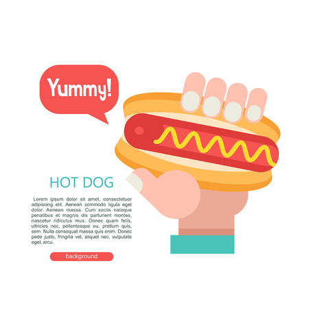 Hot dog. Hand holding a delicious hot dog. Sausage in the bun. Vector illustration in flat style. In the dialog cloud, the inscription is Yummy.のイラスト素材