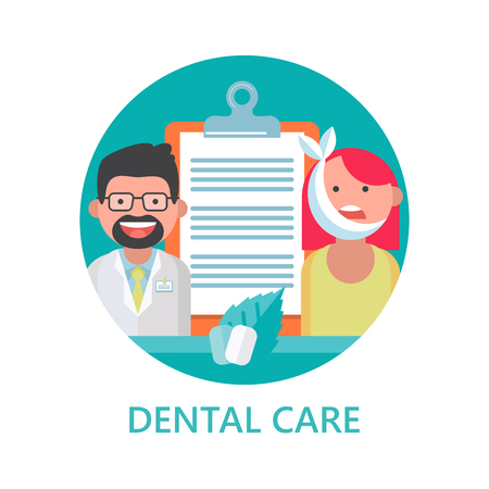 Dental care. Vector. Dentist and patient with a toothache.のイラスト素材