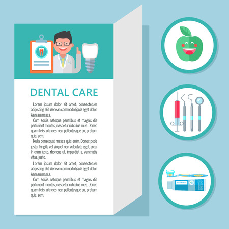 Dental care. Template of a flyer, brochure, dental clinic. Dentist, dental implant. A set of icons dentistry.のイラスト素材