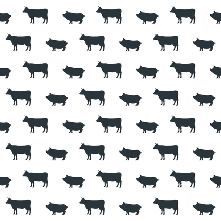 Seamless pattern on white background. Black silhouettes of cows and pigs. Beef and pork. Fine pattern.のイラスト素材