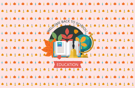 Welcome back to school. Press wall for a photo shoot. Vector emblem of education. Open book, school bell, autumn leaves and globe.のイラスト素材