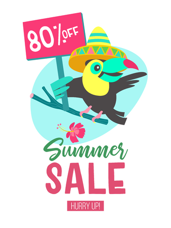 Summer sale. Bright colorful advertising poster. Cheerful Toucan in a bright Mexican hat holding a sign. Discounts on everything. Illustration in cartoon style.のイラスト素材