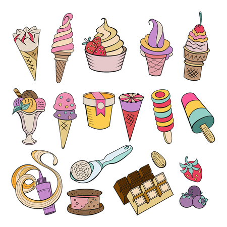 Hand drawn ice cream. Miscellaneous ice cream with topping, nuts, berries, chocolate and cookies. Vector Doodle illustration.のイラスト素材