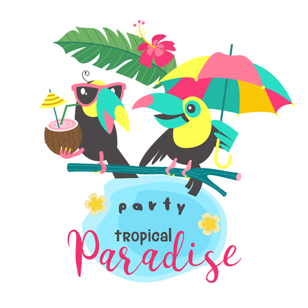 Two funny toucans sitting on a tree branch. One Toucan in sunglasses holds a coconut cocktail. The second Toucan holds a bright umbrella. An invitation to a tropical Paradise party. Bright summer illustration in cartoon style.のイラスト素材