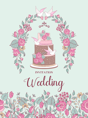 Wedding invitation. Happy weddings. Beautiful wedding card with a large multi-tiered wedding cake decorated with flowers and pigeons. Vector illustration with space for text.のイラスト素材