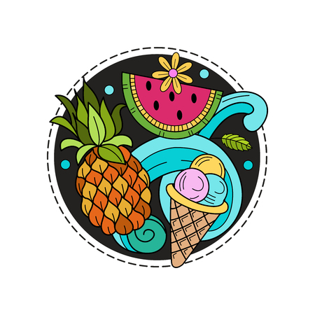 Cartoon hand drawn Doodle summer holiday poster design template. Very detailed, with lots of individual elements. All elements are isolated.のイラスト素材