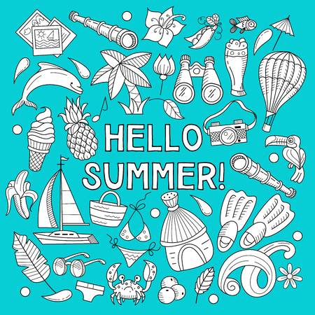 Cartoon hand drawn Doodle summer holiday poster design template. Very detailed, with lots of individual elements. All elements are isolated.のイラスト素材