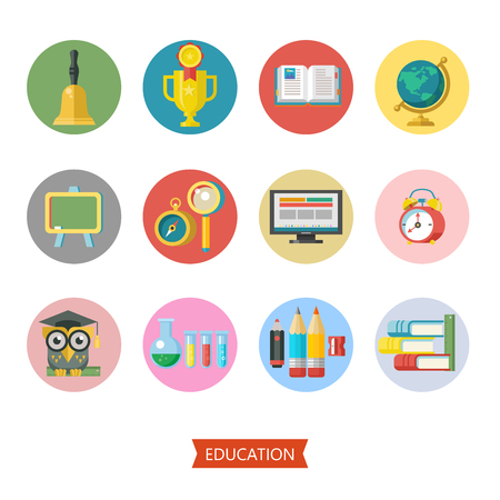 Welcome back to school. Set of vector icons with school supplies. Isolated on white background.のイラスト素材