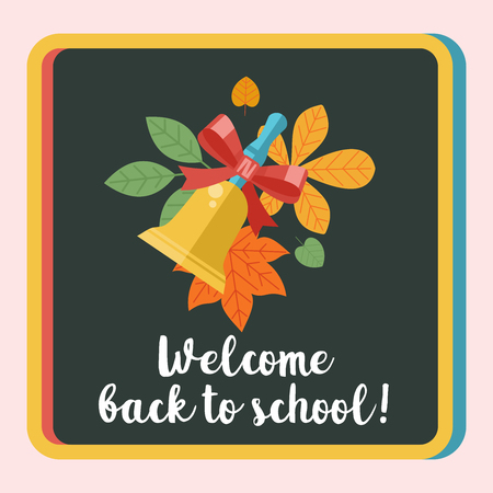 Welcome back to school. Vector emblem, logo. School Board and bell with autumn leaves.のイラスト素材