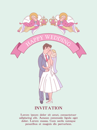 Wedding invitation. Wedding card. Wedding ceremony in the Church. The bride and groom in wedding crowns. Flower frames. Angels of heaven hold wedding crowns over the heads of the bride and groom.のイラスト素材