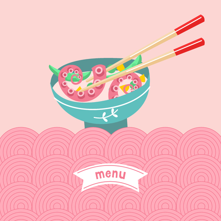 Japanese cuisine. A set of traditional Japanese dishes. Vector illustration in cartoon style. Colorful menu template of Japanese cuisine cafe.のイラスト素材