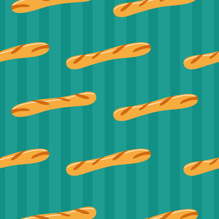 Seamless pattern on green background. French baguette bread. In a cartoon style. Vector illustration.のイラスト素材