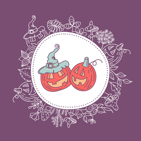 Happy Halloween. Vector illustration, invitation. Beautiful postcard with orange pumpkins. Wreath of flowers, mushrooms, leaves and pumpkins.のイラスト素材