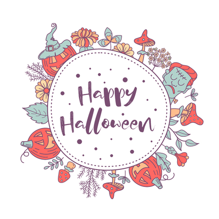 Happy Halloween. Vector postcard, illustration. The invitation to the party. The illustration consists of many hand drawn elements.のイラスト素材