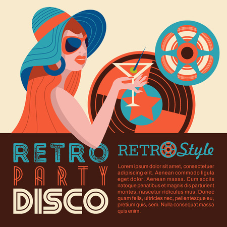 Retro disco party. Colorful vector illustration, poster. Beautiful girl in sunglasses and vinyl record.のイラスト素材