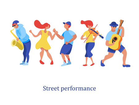 Street musician. Saxophonist, violinist, guitarist. Man and woman dancing. Street performance. Vector illustration in flat style.のイラスト素材