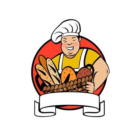 A cute smiling Baker holds a large basket of freshly baked bread. Vector illustration of emblem of a bakery.のイラスト素材