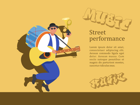 Street musician. One man band plays the trumpet, guitar, drums, and dancing. Street performance. Vector illustration.のイラスト素材