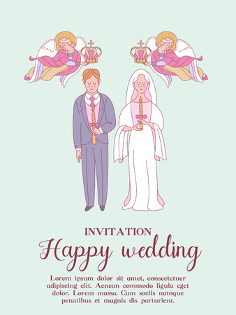 Happy wedding. Vector illustration. Wedding ceremony. The bride and groom. Romantic wedding card, wedding invitation.のイラスト素材