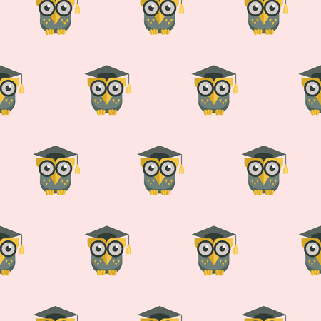 Owl in academic cap. A symbol of wisdom and education. Colorful seamless patterns on the theme of education, school, autumn. Vector illustration in flat style.のイラスト素材