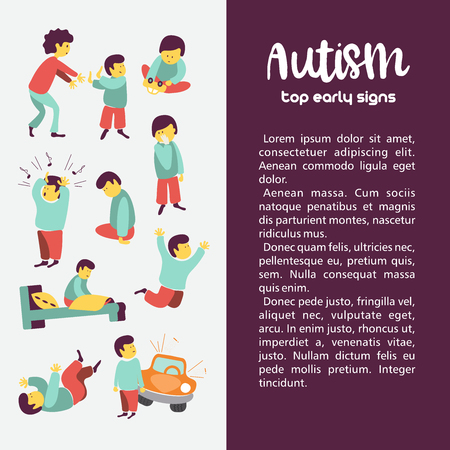 Autism. Early signs of autism syndrome in children. Vector illustration. Children autism spectrum disorder ASD icons. Signs and symptoms of autism in a child, such as ADHD, OCD, depression, insomnia, epilepsy and hyperactivity.のイラスト素材