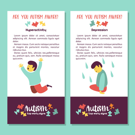 Autism. Early signs of autism syndrome in children. Vector illustration. Children autism spectrum disorder ASD icons. Signs and symptoms of autism in a child.のイラスト素材