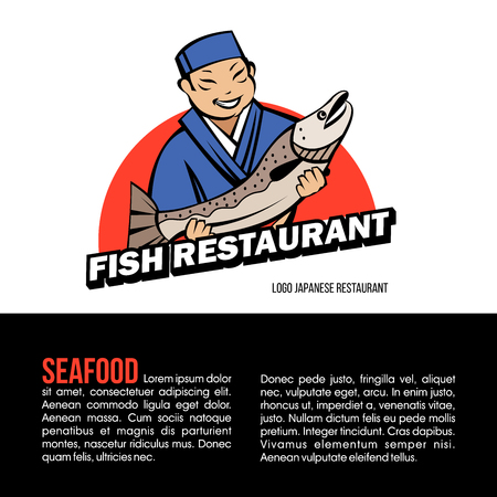 Japanese chef holding fresh fish. Emblem of a Japanese restaurant. Fresh seafood.のイラスト素材