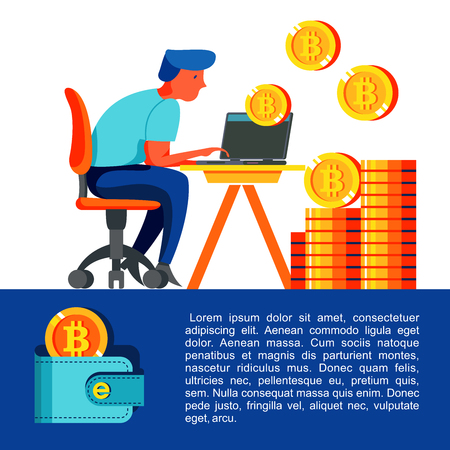 The miner sits at the laptop and extracts bitcoins. Bitcoin mining. Vector conceptual illustration. Cryptocurrency.のイラスト素材