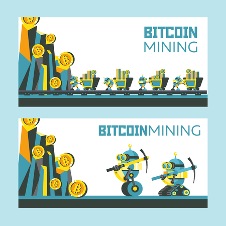 Bitcoin mining. Vector conceptual illustration. Cryptocurrency. A cute little robot pushes a cart with bitcoins. Mountains with bitcoins.のイラスト素材