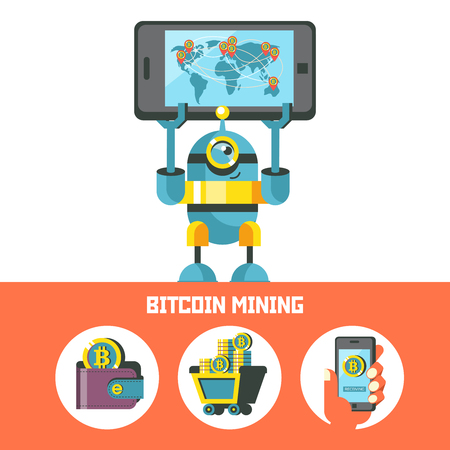 Cute little robot shows a smartphone with a map of circulation of bitcoins in the world. Bitcoin mining. Vector conceptual illustration. Cryptocurrency. Set of bitcoin icons.のイラスト素材