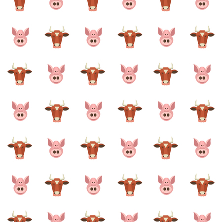 Seamless pattern on white background. Cute cows and pigs. Farm products.のイラスト素材