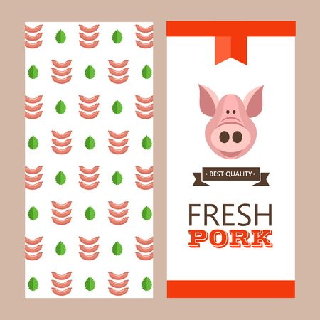 Fresh meat. Vector illustration. Environmentally friendly product. Agricultural products. Cute pig and pig sausages.のイラスト素材