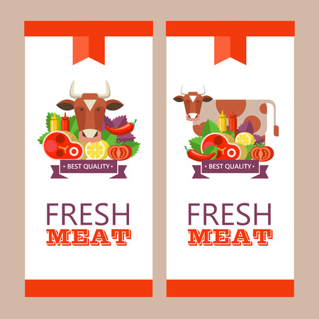 Fresh meat. Vector illustration. Environmentally friendly product. Agricultural products. A set of different meat products and a cute cow.のイラスト素材