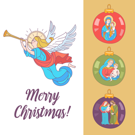merry Christmas. Vector postcard, illustration. Angels trumpeting. Isolated on white background. Set of Christmas balls with the image of the virgin Mary Madonna with baby Jesus and St. Joseph.のイラスト素材