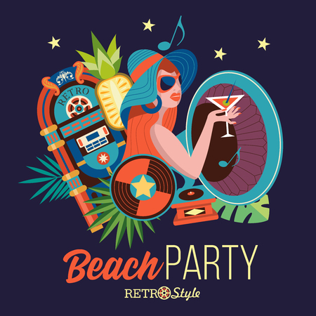 Beach retro party. Illustration in retro style. Beautiful girl in a hat drinking a cocktail on the background of palm trees. Around the girl gramophone, jukebox, vinyl record, cassette. Retro music accessories.のイラスト素材