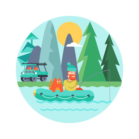 Camping. Summer outdoor recreation in the tent.  Fisherman with a cat in a rubber boat.  A tent camp and a fire. Vector illustration, emblem.のイラスト素材