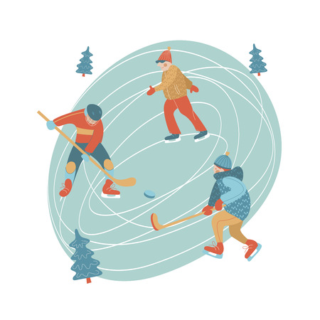 Winter, an ice skating rink. The guys play hockey, a man skating. Vector illustration.のイラスト素材