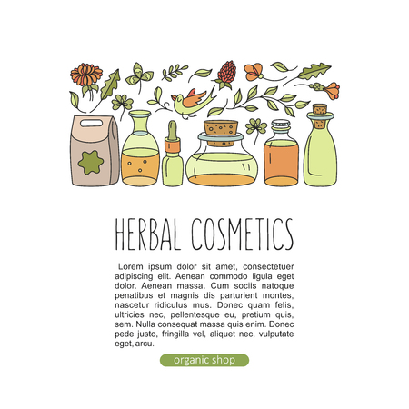 Herbal cosmetics, natural oil. Vector hand drawn illustration for natural eco cosmetics store. Set of jars with plant oils.のイラスト素材