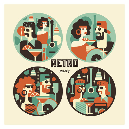 Retro party poster. Vector illustration in retro style. People dressed in the fashion of 60-70 years. Men and women in the bar with drinks. Musical instruments, vinyl discs.のイラスト素材