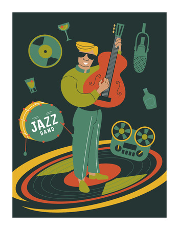 Poster music festival, retro party in the style of the 70's, 80's. Vector illustration with stylish musicians characters. Guy guitarist.のイラスト素材